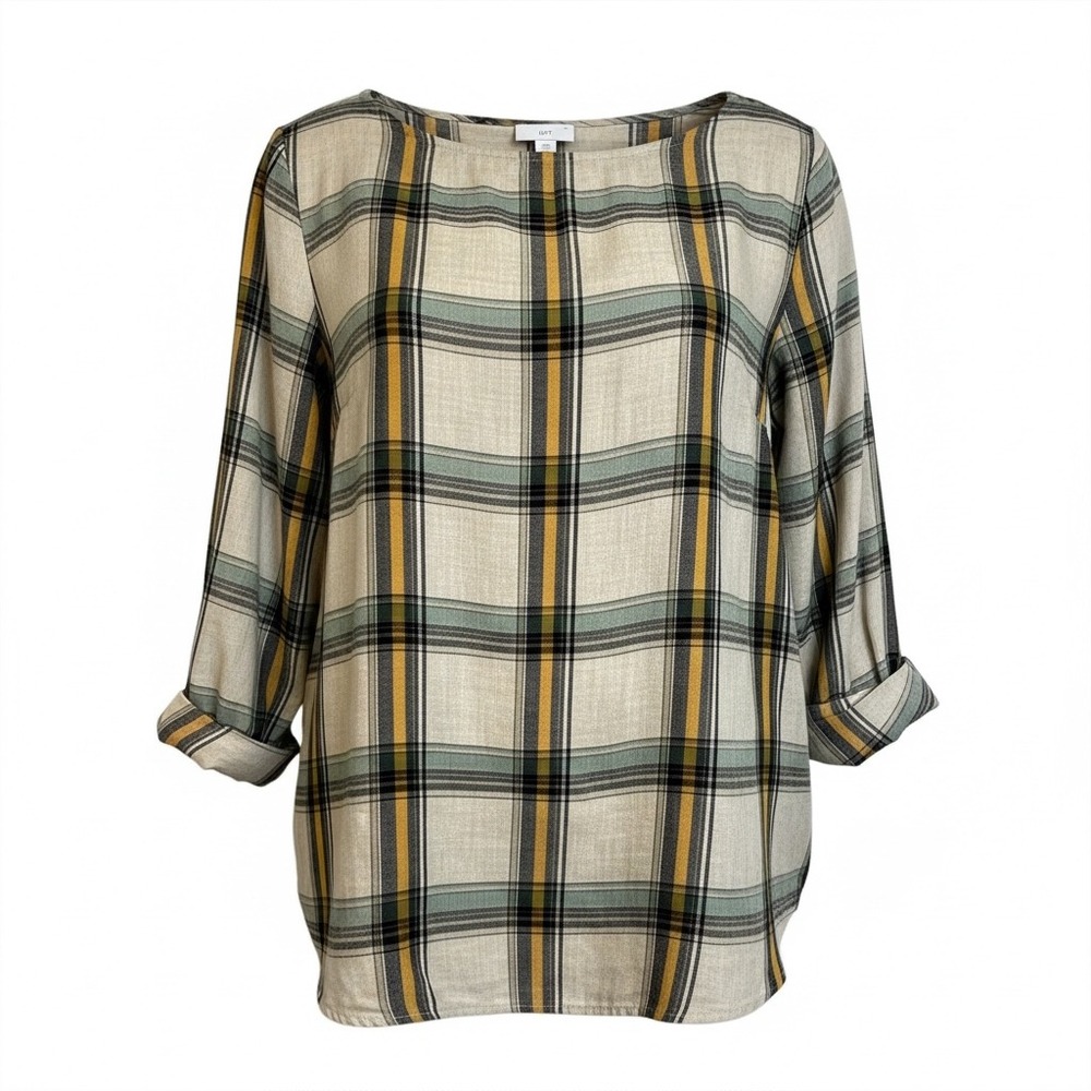 J Jill Plaid Long Sleeve Button Up Shirt M Beige Yellow Green Lagenlook